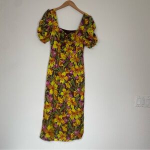 NWT New Adelyn Rae Women Golden Wine Floral Sonia Puff Sleeve Midi Dress Size XS